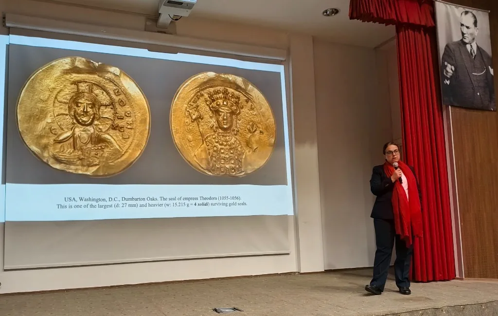 Gold seal of Empress Theodora shown during the lecture Unsealing Byzantium